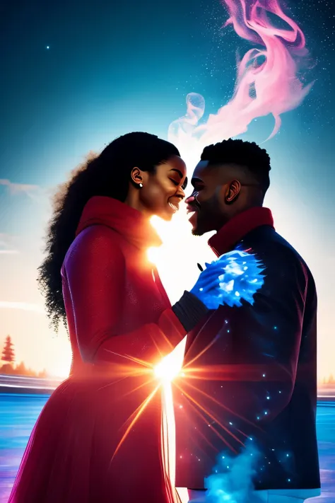 A breathtaking cinematic masterpiece of a Black couple in love, gliding effortlessly across the immaculately heart-shaped ice rink, their hands entwined in blissful harmony. The enchanting ambiance is accentuated by the surreal presence of red and blue smo...