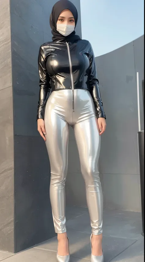 A girl wearing hijab and face mask. Innocent face. Long leg. Wearing full body silver latex suit and black leather jacket. High quality. High resolution. Wet body. Ball joint hand limbs and legs