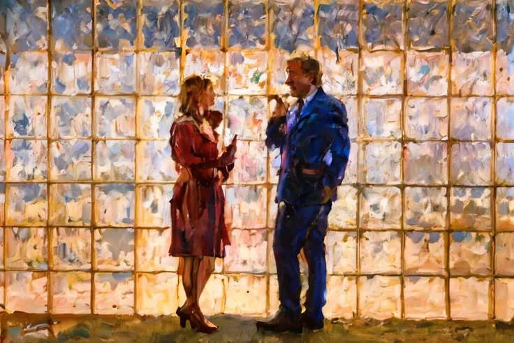 there are two people standing in front of a glass wall, kim wexler and saul goodman, still from better call saul, perfectly lit....