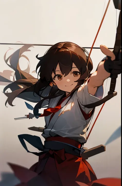 highest quality, masterpiece, High resolution, alone, {akagi_Kantai Collection:1.15}, length_hair, Brown_hair, Brown_eye, muneate, tasuki, smile, 1 girl, aim, archery, arrow_(projectile), bow_(arms), drawing_bow, gloves, holding, holding_arrow, holding_bow...