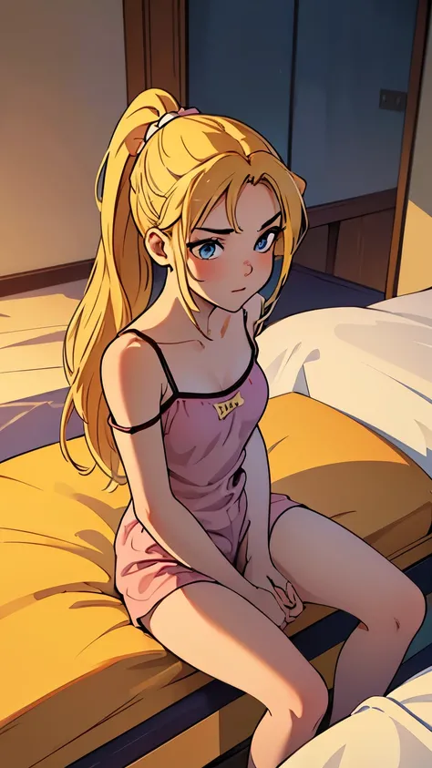 ((best quality)), ((masterpiece)), (detailed), perfect face, (((18 year old teen girl))), (((spaghetti strap pyjama top))), ((pyjama shorts)), (((suburban bedroom))), ((view from above)), ((bare legs)), ((legs together)), (((peak down top))), ((sitting)), ...