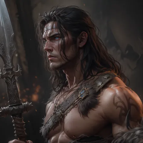 a photo of as Conan the Barbarian from Marvel comics, barbarian sword, clean shaven, Intricate, High Detail, Sharp focus, dramatic, photorealistic digital art, photo-realistic, octane render, unreal engine, ultra-realistic