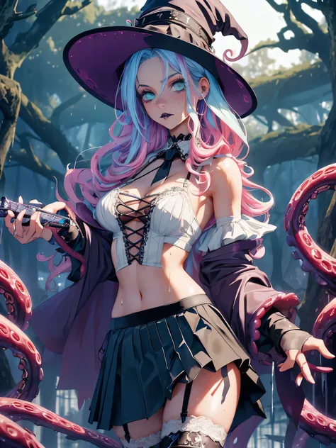 (((wizard girl, gothic style girl, wet girl))),(two-toned hair with pink and light blue tips),(hair, realistic:1),she has long e...