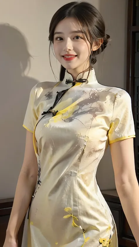 ((highly detailed, top quality, photo-realistic, 4k)), ((photo of a chinese girl)), 25 years old, (wearing yellow qipao: 1.5), s...