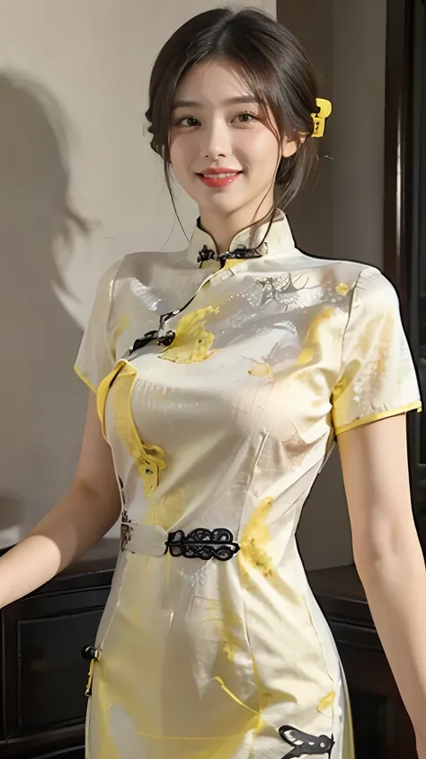 ((highly detailed, top quality, photo-realistic, 4k)), ((photo of a chinese girl)), 25 years old, (wearing yellow qipao: 1.5), s...