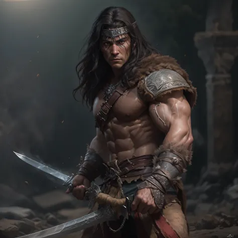 a photo of as Conan the Barbarian from Marvel comics, barbarian sword, clean shaven, Intricate, High Detail, Sharp focus, dramatic, photorealistic digital art, photo-realistic, octane render, unreal engine, ultra-realistic