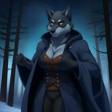 muscular_mature_wolf female dark_navy_blue_furry_body amber_eyes solo Masterpiece best_quality absurdres highly_detailed well_drawn_eyes anthro_only by_greasymojo by_runawaystride starry_sky foggy_forest torn_longcoat