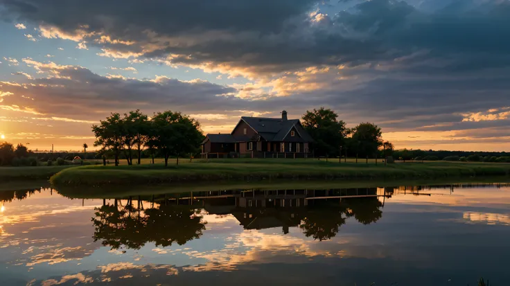 no_humans, scenery, outdoors, sky, tree, cloud, grass, sunset, water, reflection, house, traditional_media, cloudy_sky, nature