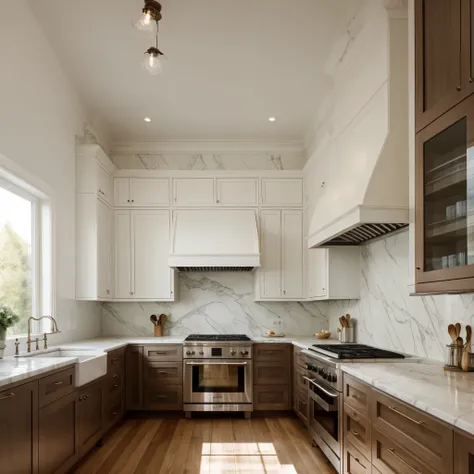 interior, Kitchen in a Victorian architectural style, clean modern design featuring light wood and Marble color scheme, beautiful light