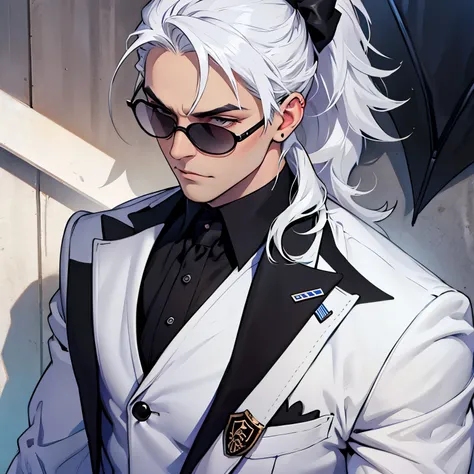 Create Cute playboy wear sunglasses with black suit, have white hair 