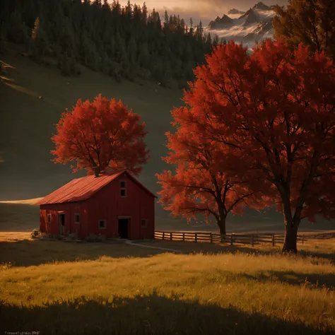 Red tree, house, barn, art by Max Rive and Ryan Dyar, octane render, Unreal engine 5, kodak style