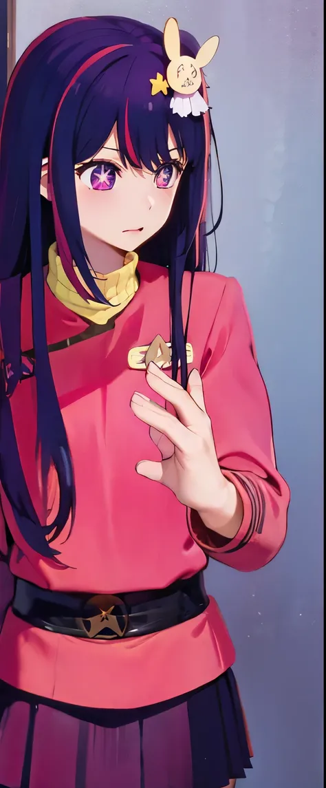  1 solo Hoshino Ai, long hair, purple hair, streaked hair ,purple eyes, star-shaped pupils, hair ornament, red wokunf uniform 