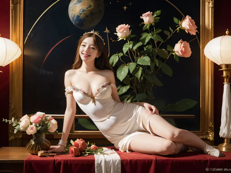 full body portrait or statue、Stained glass、Vigée Leblanc style、math、astronomical machine、astronaut、roses in vase、fruit、Cute trinkets、smile、ancient greek costume、Sandro Botticelli paintings、Costume that stretches your shoulders、A big smile、expression of ecs...