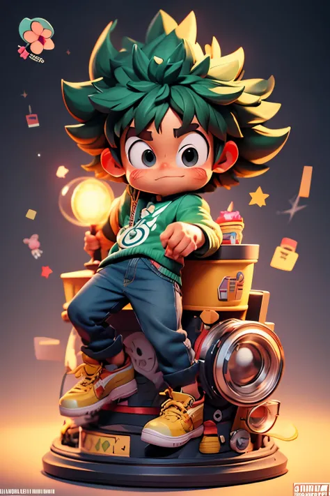 city street, Super cute Izuku Midoriya full body 3D image, 1pc, good eyes looking, big eyes, cute, happy, c4d, pop matt blind box, bright street light, toys, solid color background, chibi, fluorescent translucency, luminous body, kawaii, doll, Reference ta...