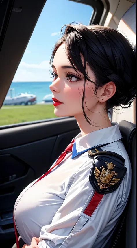 Woman, 30 years, adult, black hair, sexy airplane pilot, red lips, nigth, soft ligth, face detail, from side, fingers --style realistic-imagine -