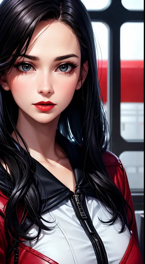 Woman, 30 years, adult, black hair, sexy airplane pilot, red lips, nigth, soft ligth, face detail, from side, fingers --style realistic-imagine -