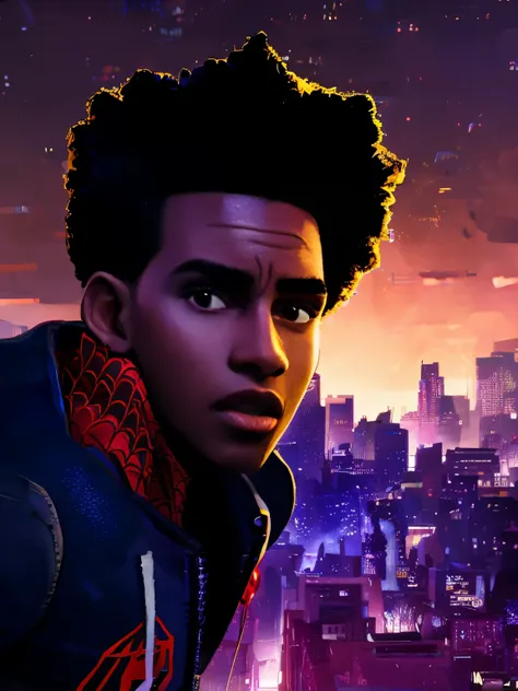 across the spider-verse style. cinematic portrait of miles morales wearing spider-man's black uniform, in an epic dynamic pose o...