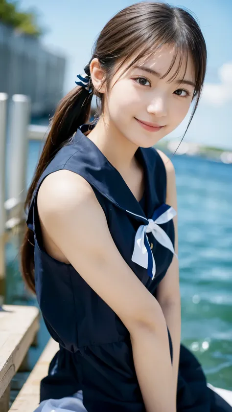 (highest quality,masterpiece:1.3,ultra high resolution),(Super detailed,caustics,8k),(photorealistic:1.4,RAW shooting),18-year-old,Japanese,cute,black short ponytail,Smiling and looking at the camera,sailor suit,forward leaning posture,shot from the waist ...