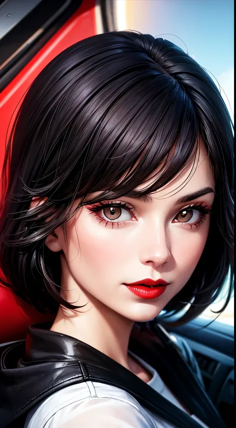 Woman, 30 years, adult, black hair, sexy airplane pilot, red lips, nigth, soft ligth, face detail, cut-in, fingers --style realistic-imagine -