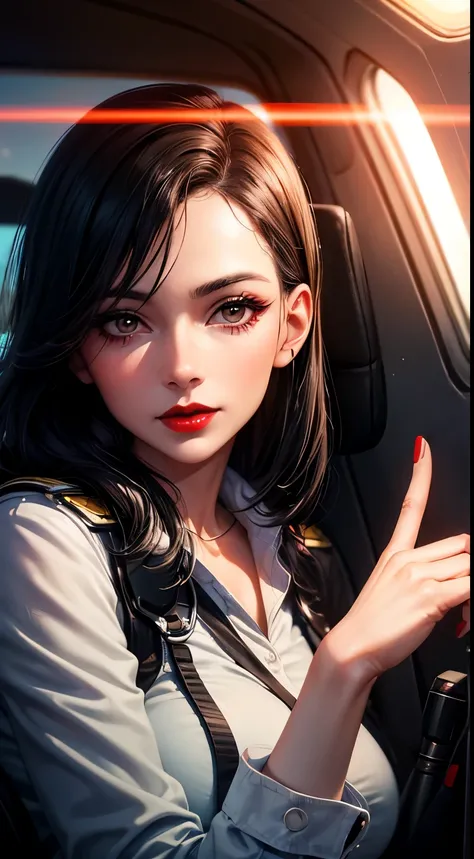 Woman, 30 years, adult, black hair, sexy airplane pilot, red lips, nigth, soft ligth, face detail, atmospheric, fingers --style realistic-imagine -