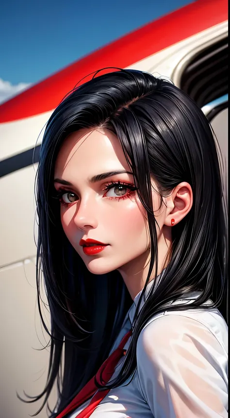 Woman, 30 years, adult, black hair, sexy airplane pilot, red lips, nigth, soft ligth, face detail, cowboyshot, fingers --style realistic-imagine -