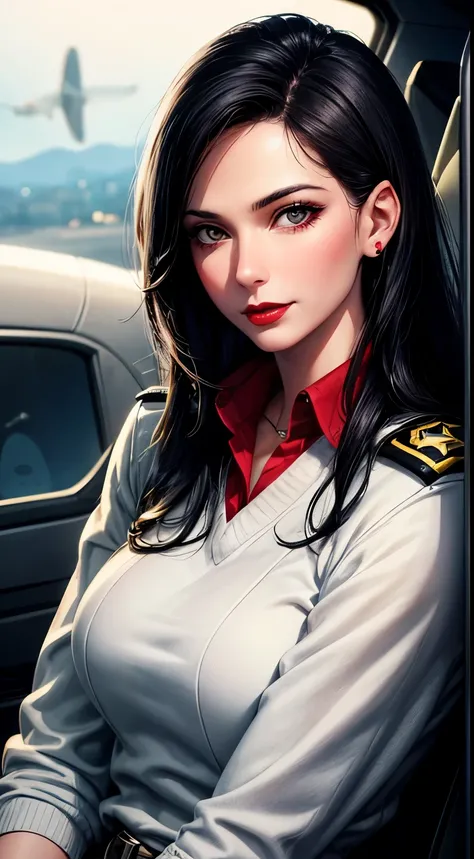 Woman, 30 years, adult, black hair, sexy airplane pilot, red lips, nigth, soft ligth, face detail, cowboyshot, fingers --style realistic-imagine -