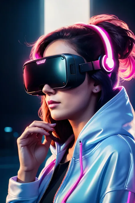 A synthwave style sticker of a beautiful cyberpunk woman wearing a Apple Vision Pro WHITE , the VR headset is covering her eyes with red hoddie