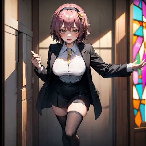 (Satori toho character:1.1), (solo), (standing), (stained glass), BREAK, short hair, (large perky breasts), (inconceivably short torso), (inconceivably thin waist:1.2), (very long legs), BREAK, (black blazer:1.3), (black thighhighs:1.35), (very short black...