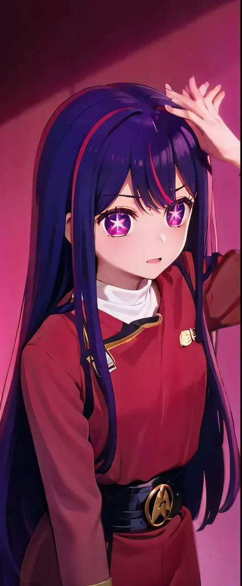 1 solo Hoshino Ai, long hair, purple hair, streaked hair ,purple eyes, star-shaped pupils, hair ornament, red wokunf uniform