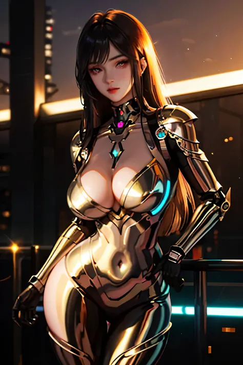 Female-shaped robot, hyper-realistic, ultra-detailed, machined body, large chest with gigantic breasts, voluptuous figure, miniskirt armor, thick thighs. Shiny metallic skin, reflecting dynamic lighting, lustrous sheen, precise engineering. Curvy silhouett...