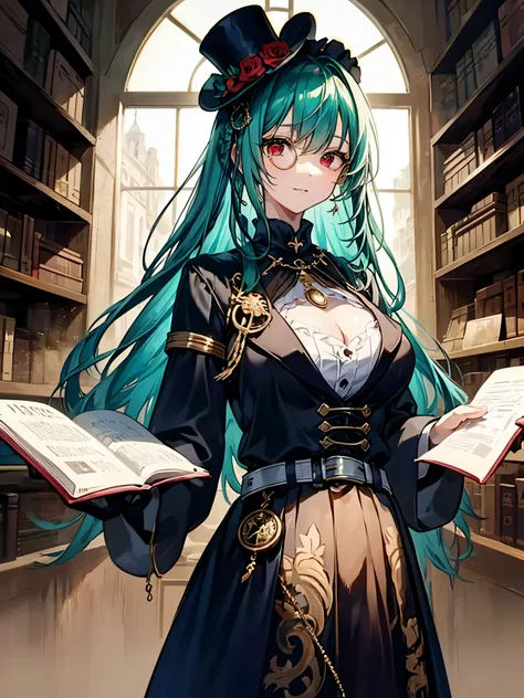 （（（masterpiece、best image quality、highest quality、Highly detailed Unity 8ｋwallpaper）））、（（Illustration of one girl、Upper body））、（（（beautiful girl、librarian）））、（Emerald green hair、messy hair、side lock、red eyes、crazy smile：1.4）、（（（flat chest）））、（（（monocle）））、...