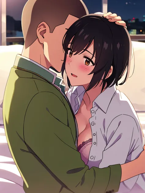 1boy, buzzcut, school uniform, face to face, cheek kissing, hug, 1girl, mitsuha miyamizu, open mouth, black hair, short hair, blush, brown eyes, collared shirt, white long sleeve, unbuttoned shirt, open shirt, light pink bra, cleavage, medium breast, indoo...