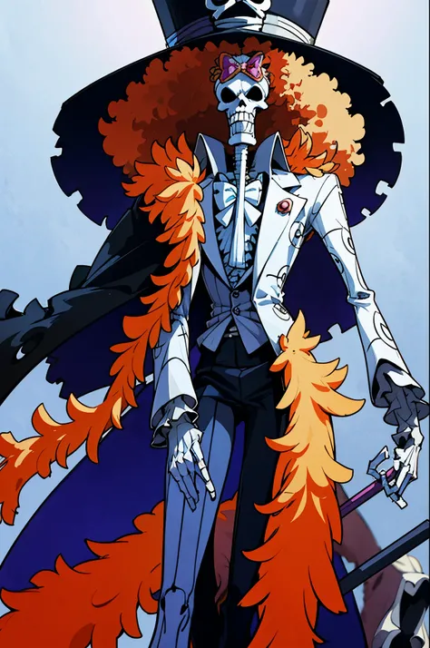 brook from one piece, man, skeleton. Brook is an extremely tall skeleton dressed in formal attire complete with top hat and cane. Standing at 266 cm in height. Despite having no skin, he still has an afro.