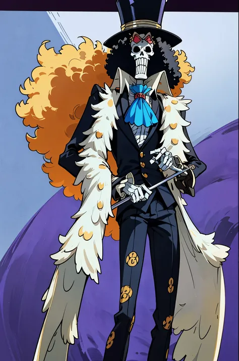 brook from one piece, man, skeleton. Brook is an extremely tall skeleton dressed in formal attire complete with top hat and cane. Standing at 266 cm in height. Despite having no skin, he still has an afro.