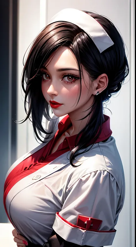 Woman, 30 years, adult, black hair, sexy nurse, red lips, nigth, soft ligth, face detail, from above, fingers --style realistic-imagine -