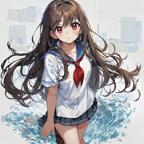 Are standing,whole body,after that,masterpiece, highest quality,figure,sailor suit,slanted eyes,straight hair,brown hair,side parted,super dense skin,surprised,beautiful and fine eyes,short sleeve shirt,red eyes,high school girl,smile