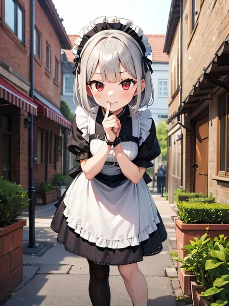 (masterpiece, highest quality),1 girl, medium bob hair,bangs,silver hair,shiny hair,shoulder length,slanted eyes,red eyes,black gloves,small physique,he is short,black pantyhose,low length,light smile,Maid clothes,leaning forward,crossed arms,put your inde...