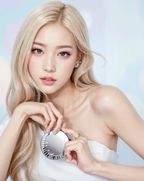 a close up of a woman holding a hair brush near her face, roseanne park of blackpink, portrait of jossi of blackpink, jossi of blackpink, blackpink jennie, popular south korean makeup, lalisa manobal, portrait jisoo blackpink, porcelain white skin, lalisa ...