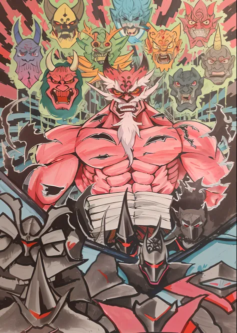 A painting，A man with a bunch of grimaces on his face, symmetry!! Akuma&#39;s portrait, Full color drawing, Demonic Warrior, their, Villain wearing red ghost mask, ruler of demons, Inspired by Dongzhou Zai Sharaku, Mika Kurai Devil, Transform into his fina...