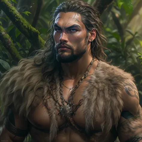 a photo of Jason Momoa as Tarzan lord of the jungle from Marvel comics, clean shaven, Intricate, High Detail, Sharp focus, dramatic, photorealistic digital art, photo-realistic, octane render, unreal engine, ultra-realistic