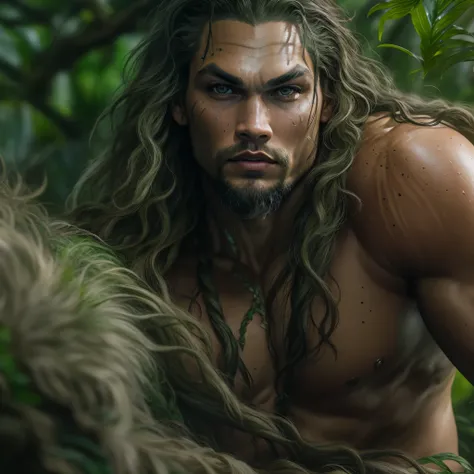 a photo of Jason Momoa as Tarzan lord of the jungle from Marvel comics, clean shaven, Intricate, High Detail, Sharp focus, dramatic, photorealistic digital art, photo-realistic, octane render, unreal engine, ultra-realistic