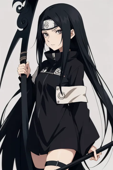 Anime girl with long black hair, black eyes an clam expression with a scythe. In the Naruto universe 