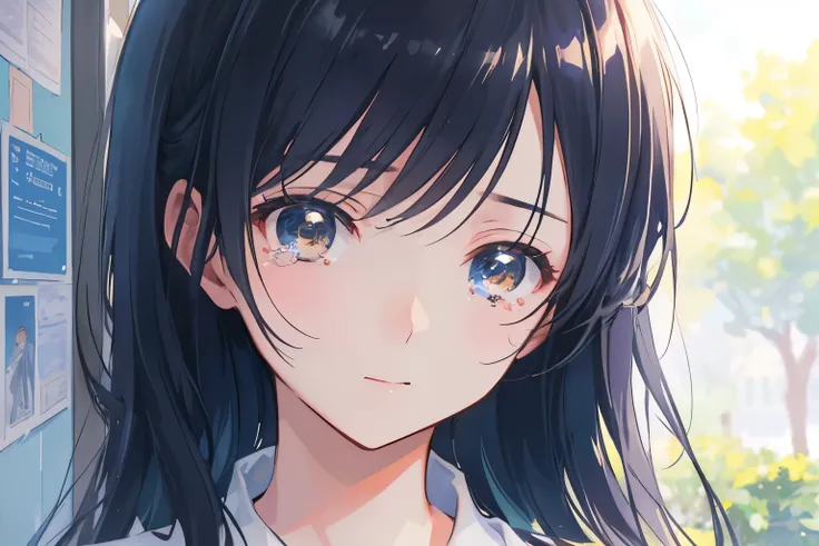 Create exquisite illustrations reminiscent of Makoto Shinkais style, It has ultra-fine details and top-notch quality. Create a high-quality illustration depicting the moment of high school exam results being posted, with a focus on a beautiful girl sheddin...