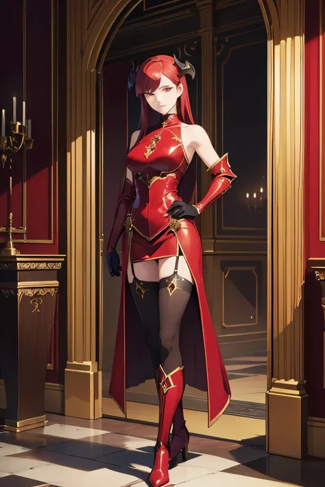 Detailed illustration, (detailed beautiful face) one arrogant demon lady, (arrogant smile 1), red hair, (drill hairstyle), in high neck demon lord armor without shoulder plates, in long gloves, steel boots, in stockings, calmly stand alone in castle room, ...