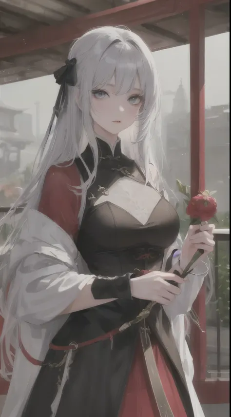 Masterpiece superb night outdoor rainy day lakeside branches Chinese style 1 female mature female royal sister royal sister silver white long hair female gray blue eyes light pink lips cold bangs assassin, short knife, blood, blood, wounds, delicate face, ...