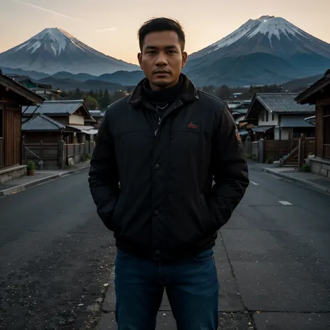 A Indonesian man (35 years old, round and clean face, brown skin, wearing a black winter jackets, jeans) standing posing like a model, beautifull fuji mountain background, photo slightly tilted to the side, face visible, night atmosphere, minimal lighting,...