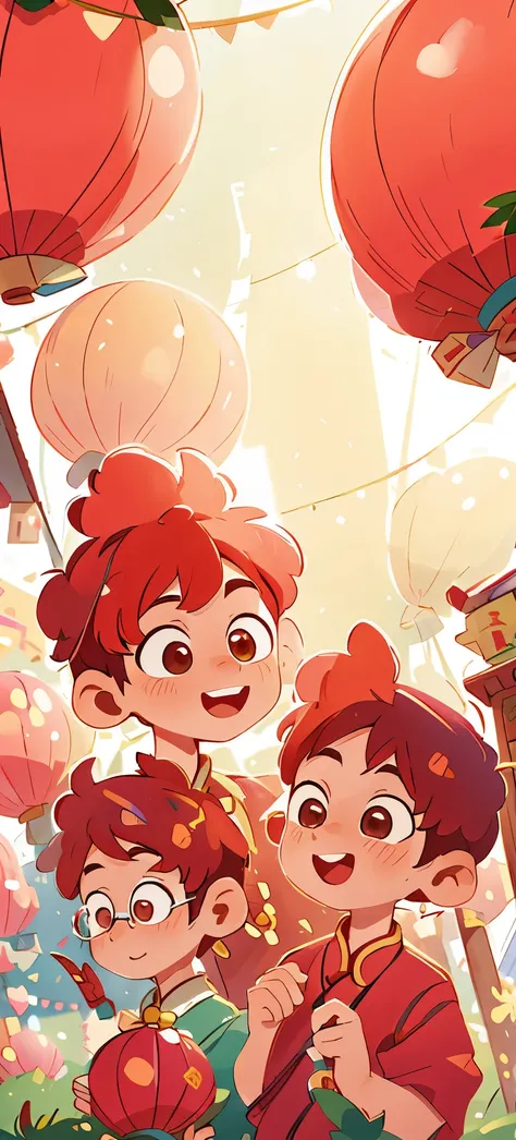 CNY，Chinese New Year，Chinese five-clawed dragon in the background，three redheads、Close up of young man on red background, Two of them wear round glasses, Lofi portrait, Red Lantern，Chinese dragon flying in the background，Festive atmosphere， happy, happy, p...