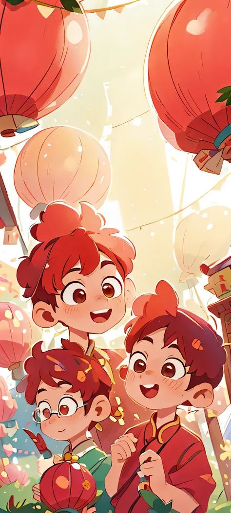CNY,CNY,Chinese five-clawed dragon in the background,three redheads、Close up of young man on red background, Two of them wore round glasses, Lofi portrait, Red Lantern,Chinese dragon flying in the background,festive atmosphere, happy, happy, perfect qualit...