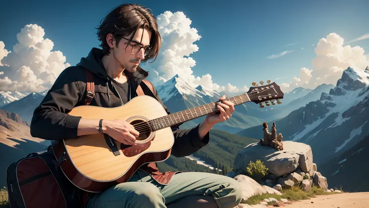 A man with a guitar and sitting in a mountain