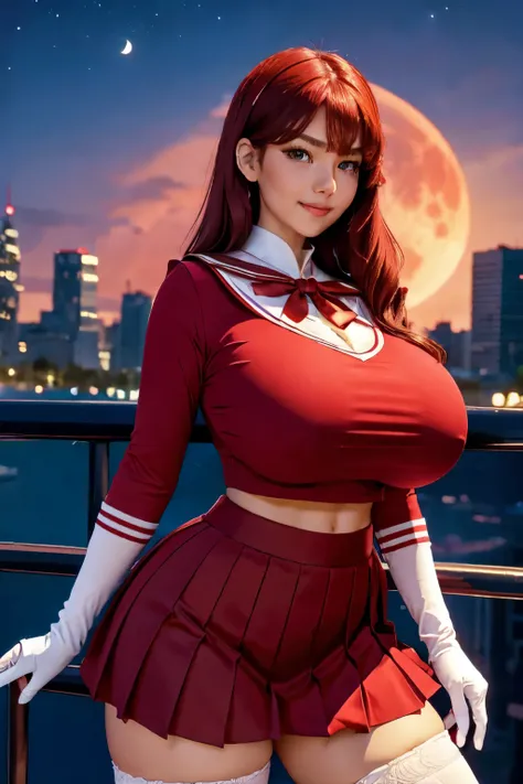 (High quality, High resolution, Fine details), crimson clouds surrounding the moon, (woman in sailor school uniform on a red full moon night:1.2), silhouette of tall buildings in the background, (deep blue sky), clear bright moon, (sailor suit), (short ple...